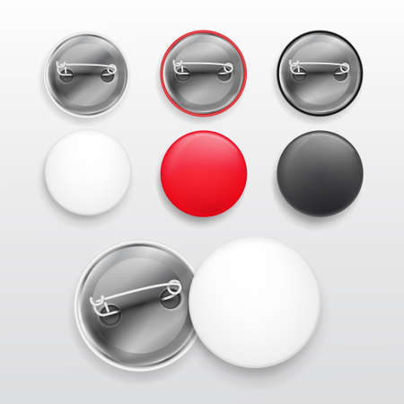Blank white, red and black badges. Pin button. 3d realistic mockup. Vector illustration EPS 10. Isolated on white backgroundのイラスト素材