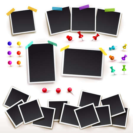 Collection of Square frame template with shadows and push pins. Photo frames horizontal and vertical. Vector illustration EPS 10. Isolated on white backgroundのイラスト素材