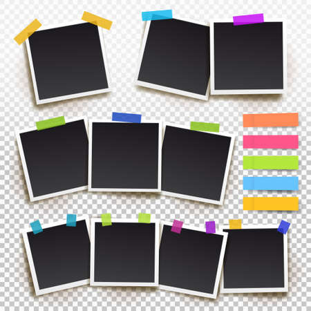 Set of vintage photo frame with adhesive tape. Vector illustration Eps10 with adhesive tapes. Photorealistic vector mockups on a transparent background. Retro photo frame template for your photos.のイラスト素材
