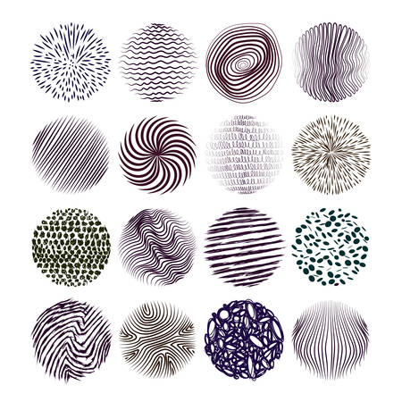 Collection of hand drawn textures. The art of design elements: circles, brush, wavy lines, abstract backgrounds, patterns. Vector illustration. Isolated on white background. Freehand drawing.のイラスト素材