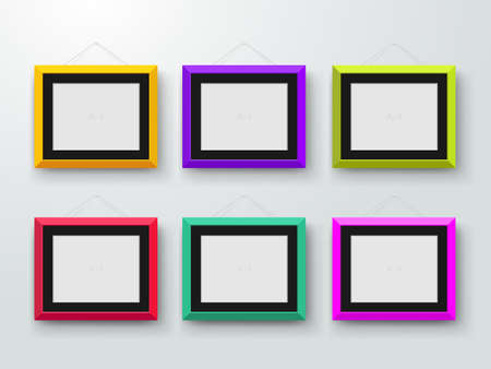 Empty colored photo frames on the wall. Design for a modern interior. Horizontal A-4. Vector illustration. Isolated on gray backgroundのイラスト素材