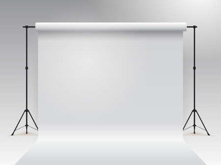 Empty photo studio. Realistic 3D template mock up. Backdrop stand (tripods) with white paper backdrop. Gray background. Vector illustration.のイラスト素材