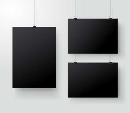 Black poster hanging on binder. Grey wall with mock up empty paper blank. Layout mockup. Vertical and horizontal template sheet. Vector illustrationのイラスト素材