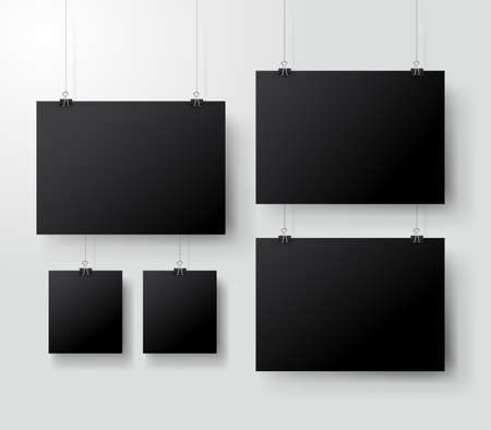 Black poster hanging on binder. Grey wall with mock up empty paper blank. Layout mockup. Vertical and horizontal template sheet. Vector illustrationのイラスト素材
