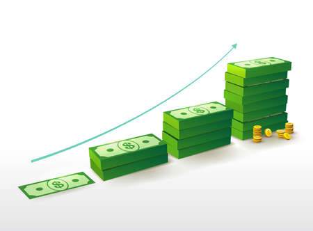 Money banknotes and coins, stacks rising graph with upward arrow. Vector illustration. Isolated on white backgroundのイラスト素材