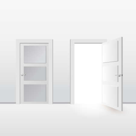 White doors closed and open. Isolated on gray background. Vector illustration in flat style design.のイラスト素材