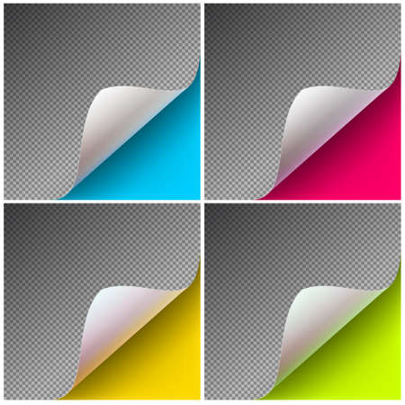 Set os curved corner of a white paper with shadow. Mockups closeup on a pink background. Vector illustration EPS 10のイラスト素材