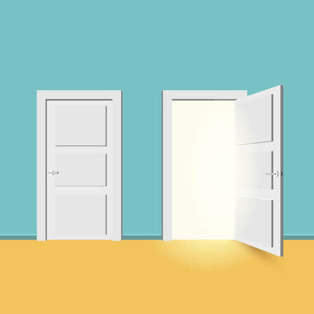 White doors closed and open. Isolated on turquoise background. Vector illustration in flat style design.のイラスト素材