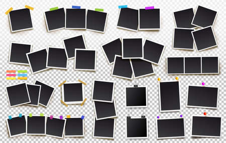 Big set of square vector photo frames on sticky tape, pins and rivets. Vertical and horizontal template photo design. Vector illustration. Isolated on transparent backgroundのイラスト素材