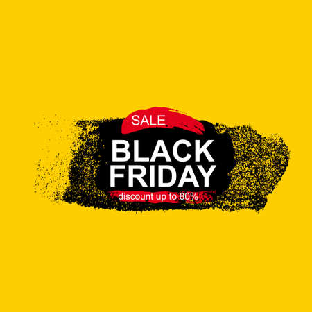 Black friday sale inscription on abstract ink blots. Sale and discount. Black friday template for your banner or poster. Vector illustration. Isolated on yellow backgroundのイラスト素材