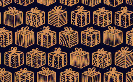 Hand drawn seamless pattern. Freehand draw. Christmas presents gifts on dark blue background. Vector illustration.のイラスト素材