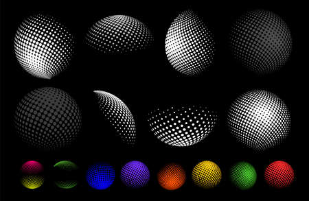 Set of abstract globe dotted sphere, 3d halftone dot effect. Earth shape. It can be used as logo, icon. Vector illustration. Isolated on black backgroundのイラスト素材
