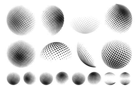 Set of abstract globe dotted sphere, 3d halftone dot effect. Earth shape. It can be used as logo, icon. Vector illustration. Isolated on white backgroundのイラスト素材
