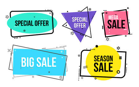 Set of flat linear promotion ribbon banner, geometric figures, scroll, price tag, sticker, badge, poster. Vector illustration. Isolated on white backgroundのイラスト素材