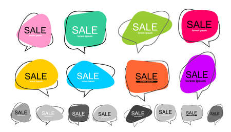 Big Set of vector flat colorful, black and white speech bubble shaped banners, price tags, stickers, posters, badges. Isolated on white backgroundのイラスト素材