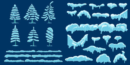 Set of snow icicles and snow cap. Vector illustration, template in cartoon style. Snowy elements tree, spruce, pine on winter background.のイラスト素材
