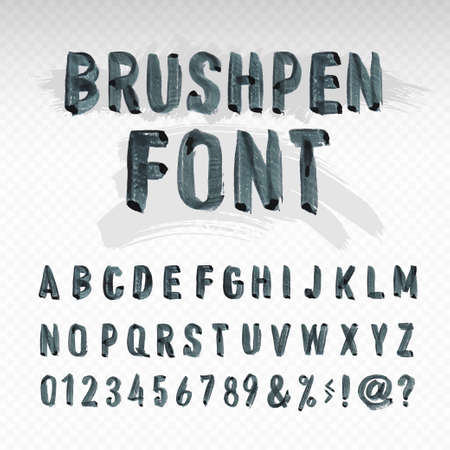 Handwritten black watercolor alphabet with numbers and symbols. Drawn with a brush. Vector illustration. Isolated on transparent backgroundのイラスト素材