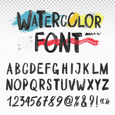 Handwritten black watercolor alphabet with numbers and symbols. Drawn with a brush. Vector illustration. Isolated on transparent backgroundのイラスト素材