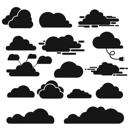 Set of cloud black icon. Cloud storage and sharing over the internet. Safe, secure and scalable data protection. Template for your design. Vector illustration. Isolated on white backgroundのイラスト素材