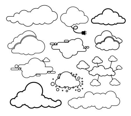 Set of clouds line art icon. Storage solution element, databases, networking. Software image, cloud and meteorology concept. Vector illustration. Isolated on white backgroundのイラスト素材