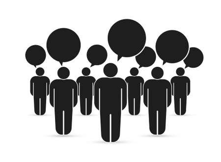 Set of crowd of working people with speech bubbles. Flat cute miniature about teamwork and partnership. For business design and infographic. Vector illustration. Isolated on white backgroundのイラスト素材