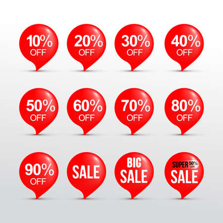 Set of discount sticker. Sale red tag vector illustration. Discount offer price label, vector price discount symbol. Isolated on gray backgroundのイラスト素材