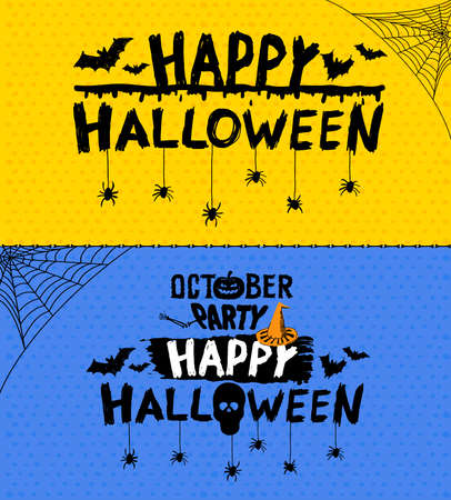 Set of Happy halloween text banner. Template for your graphic design. Freehand drawing. Vector illustration. Isolated on yellow and blue backgroundのイラスト素材