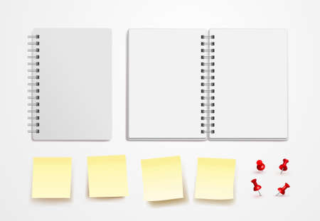 Set of notebook and Yellow sticky note mock up. Empty pages copybook with metal spiral template. Realistic closed and open notebook. Vector illustration. Isolated on white backgroundのイラスト素材