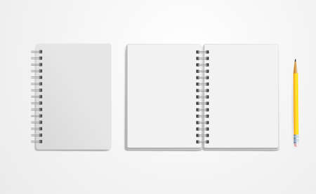 Set of notebook mock up. Empty pages copybook with metal spiral template. Realistic closed and open notebook. Vector illustration. Isolated on white backgroundのイラスト素材