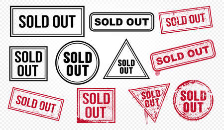 Set of sold out red end black grunge stamp, sale badge template. Vector illustration. Isolated on transparent backgroundのイラスト素材