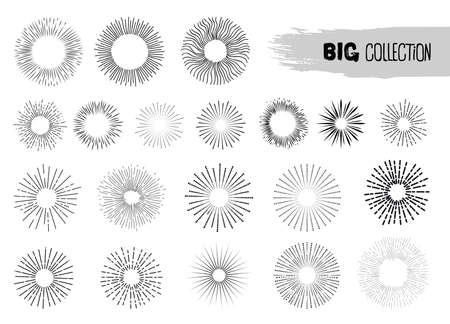 Set of sunburst frames. Sun burst shape. Firework design element. Old light rays, starburst. Vintage explosion logo, label, badge. Retro style. Freehand drawing. Vector. Isolated on white backgroundのイラスト素材