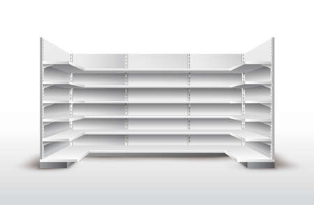 White empty store shelves. Retail shelf rack. Showcase display. Mockup template ready for your design. Vector illustration. Isolated on white backgroundのイラスト素材