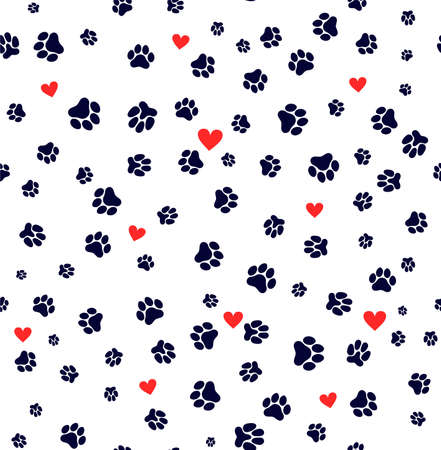 Seamless pattern dog paw and cat paw heart love puppy foot print kitten valentines day. Template for your design. Vector illustration. Isolated on white background