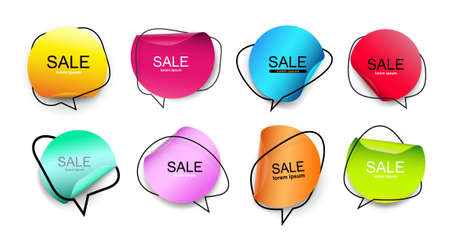 Big Set of vector flat colorful speech bubble shaped banners, price tags, stickers, posters, badges. Isolated on white backgroundのイラスト素材