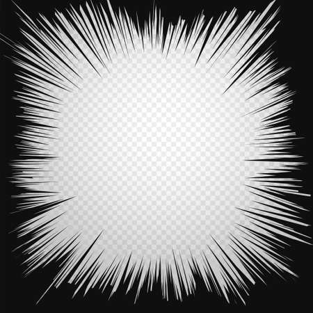 Black radial lines comics style background. For your design comic book radial speed lines. Manga action, speed abstract. Vector illustration. Isolated on transparent backgroundのイラスト素材