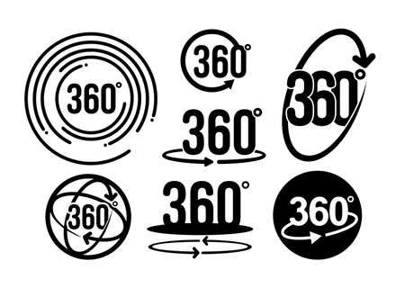 Set of 360 degrees view related graphic element that can be used as a logo or icon for your design. Vector illustration. Modern style with circle lines. Isolated on white backgroundのイラスト素材