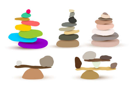 Set of harmony and balance, colorful stone cairn pebbles. Vector illustration. Isolated on white backgroundのイラスト素材