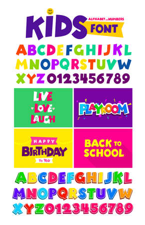 Kids font in the cartoon style, alphabet and numbers. Set of multicolored bright letters for inscriptions and your design. Vector illustration. Isolated on white backgroundのイラスト素材