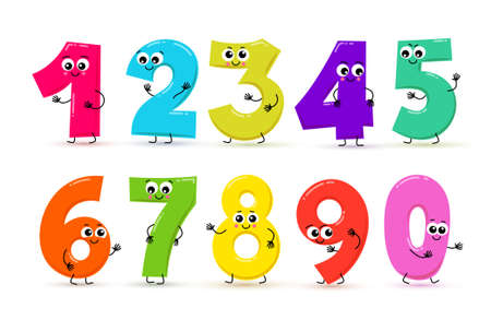 Set of funny cartoon numbers and mathematical operation signs. Vector illustration. Isolated on...