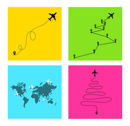 Set of airplane path in dotted line shape. Route of plane. Vector illustration. Isolated on white...