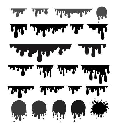 Set of paint dripping, dripping liquid. Paint flows. Black crrant paint, stains. For your design color easy to edit. Vector illustration. Isolated on white backgroundのイラスト素材