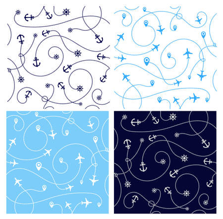 Set of travel concept seamless patterns. Abstract airplane with geomethics, anchor and steering wheel. Travel and tourism seamless background isolated on white background. Vector illustrationのイラスト素材