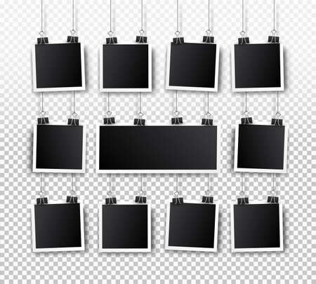 Blank photo frame set hanging on a clip. Retro vintage style. Black empty place for your text or photo. Realistic detailed photo icon design template. Vector solated on transparent background.のイラスト素材