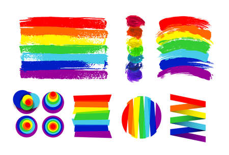 Set of LGBT flag, circle and color spots against homosexual discrimination. Hand drawn. Rainbow. Vector illustration. Isolated on white backgroundのイラスト素材