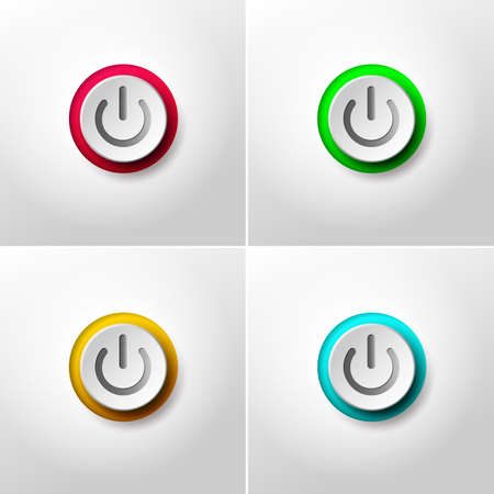 Set of web icon push button power. Red, green, yellow and blue colors. Vector illustration. Isolated on white backgroundのイラスト素材