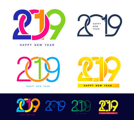 Happy New Year. Set of 2019 colorful text design pattern. Vector illustration. Isolated on white backgroundのイラスト素材