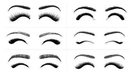 Set of Black False eyelashes and eyebrows. Woman beauty product. False lashes realistic. Hand drawn female eyelashes. Vector illustration. Isolated on white backgroundのイラスト素材