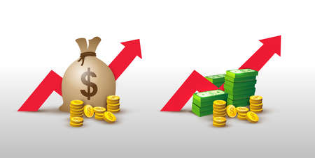 Set of financial performance. Dollar business productivity, statistic report, mutual fund, return on investment, finance consolidation, budget planning and management. Vector illustrationのイラスト素材