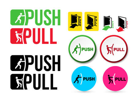 Set of Pull or Push door signs. Handle to open doors. Vector illustration. Isolated on white backgroundのイラスト素材