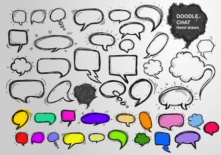 Set of doodle chat cartoon bubbles. Freehand drawing. Hand drawn vector illustration. Isolated on white backgroundのイラスト素材